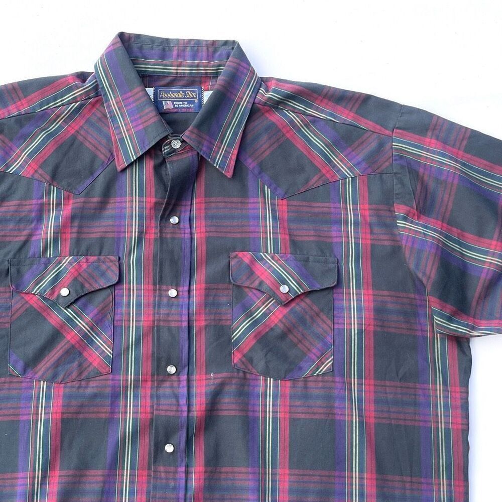 Vintage Panhandle Slim Shirt Mens 18 (2XL) Black Plaid Pearl Snap S/S Button Up